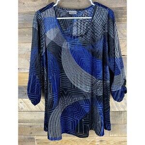 Avenue Women Plus Sz 18/20 Geometric Design Velvet Long Sleeve Round Neck Top